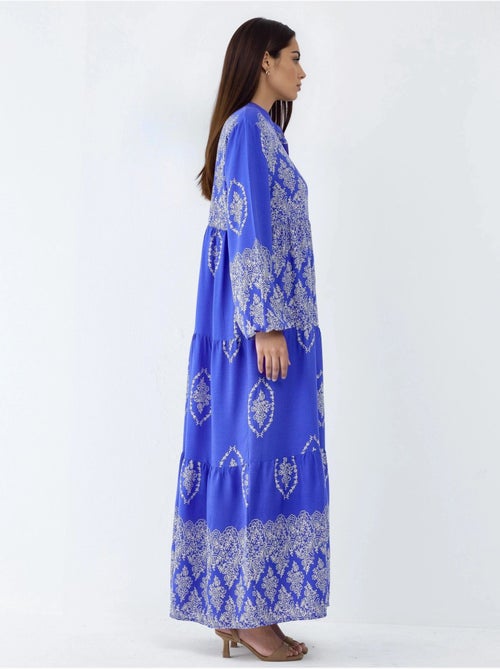 Robe longue à col en v et à motifs, fermeture boutonnée hiccup - Kiabi Robe longue à col en v et à motifs, fermeture boutonnée hiccup - Kiabi