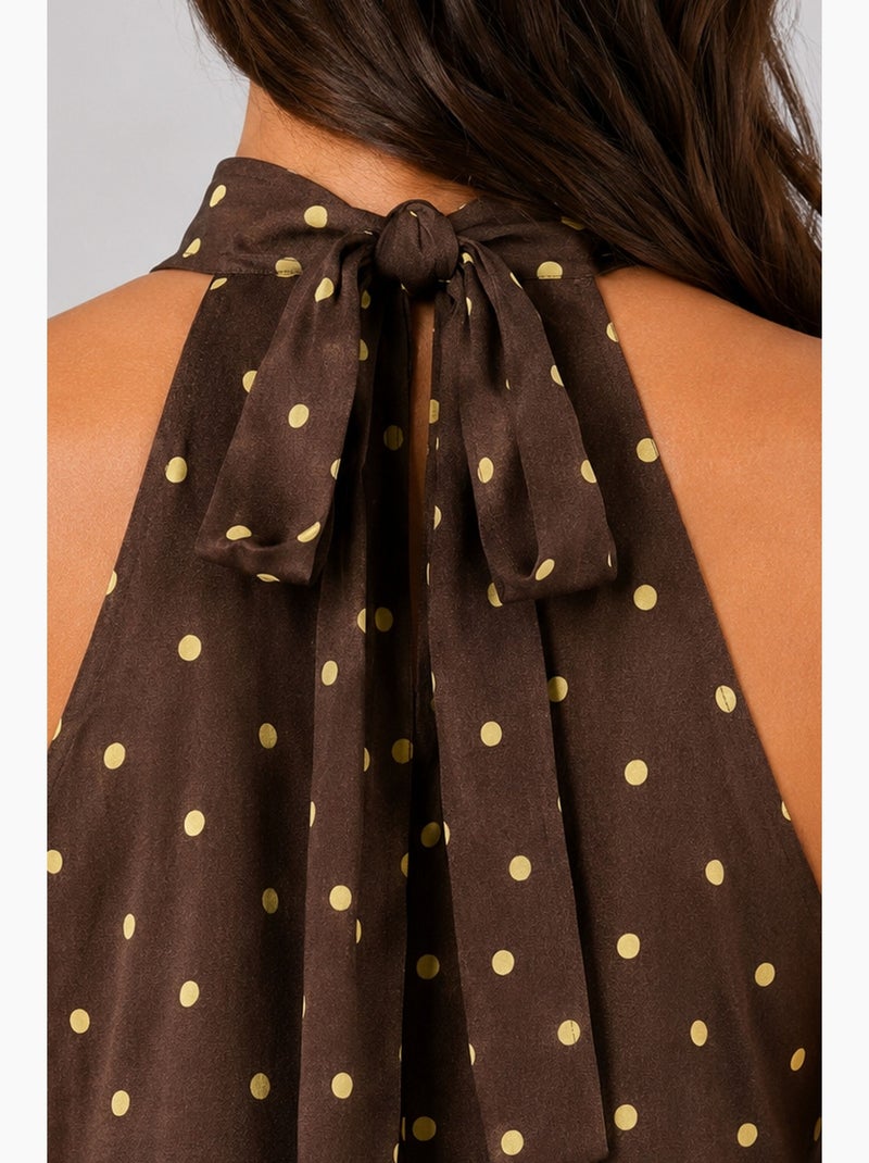 Robe longue à col halter et pois mixray Marron chocolat - Kiabi