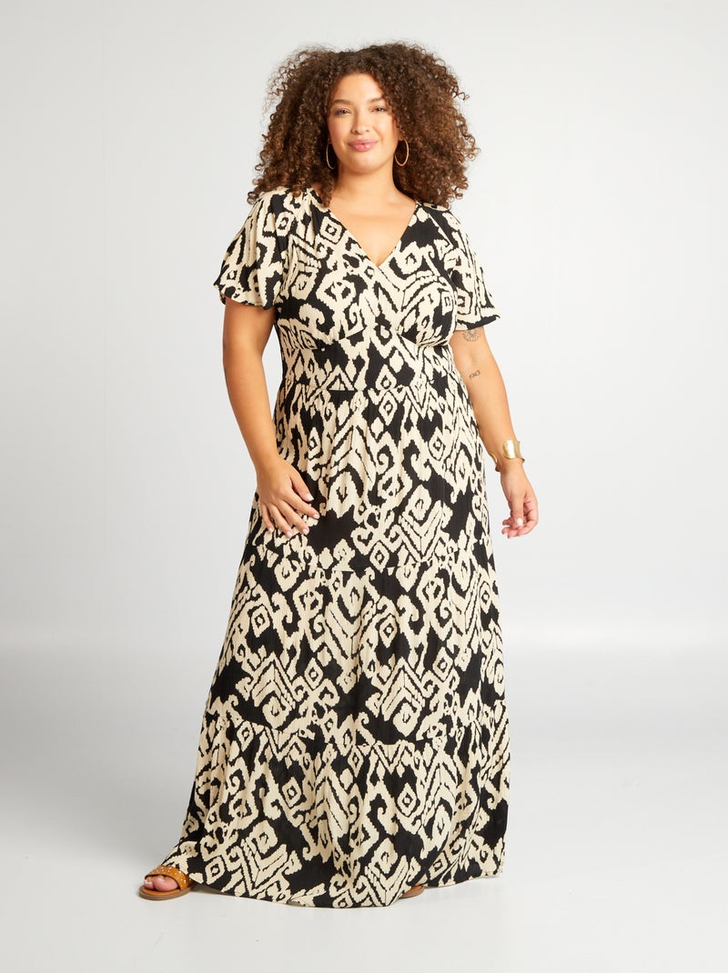 Robe longue à col V Noir à motifs - Kiabi