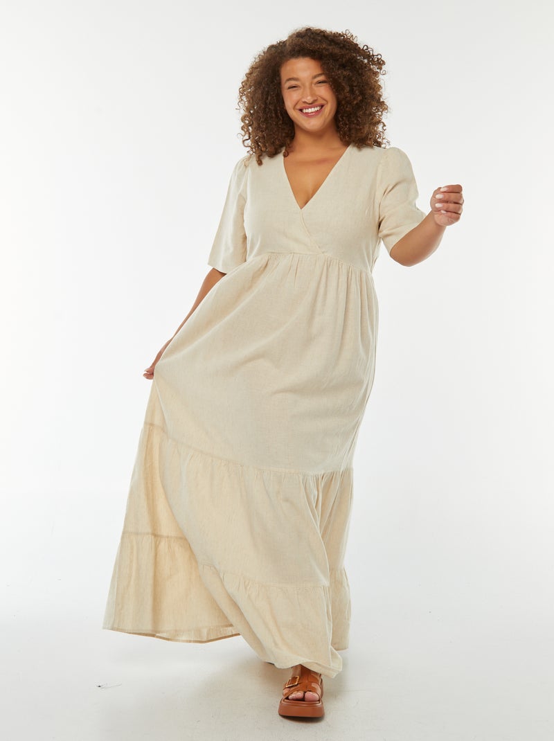 Robe longue à manches courtes et base à étage Beige - Kiabi