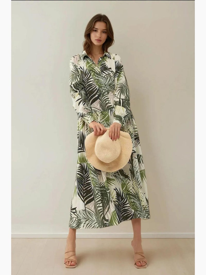 Robe longue à motif fleuri et col chemise hiccup Kaki - Kiabi
