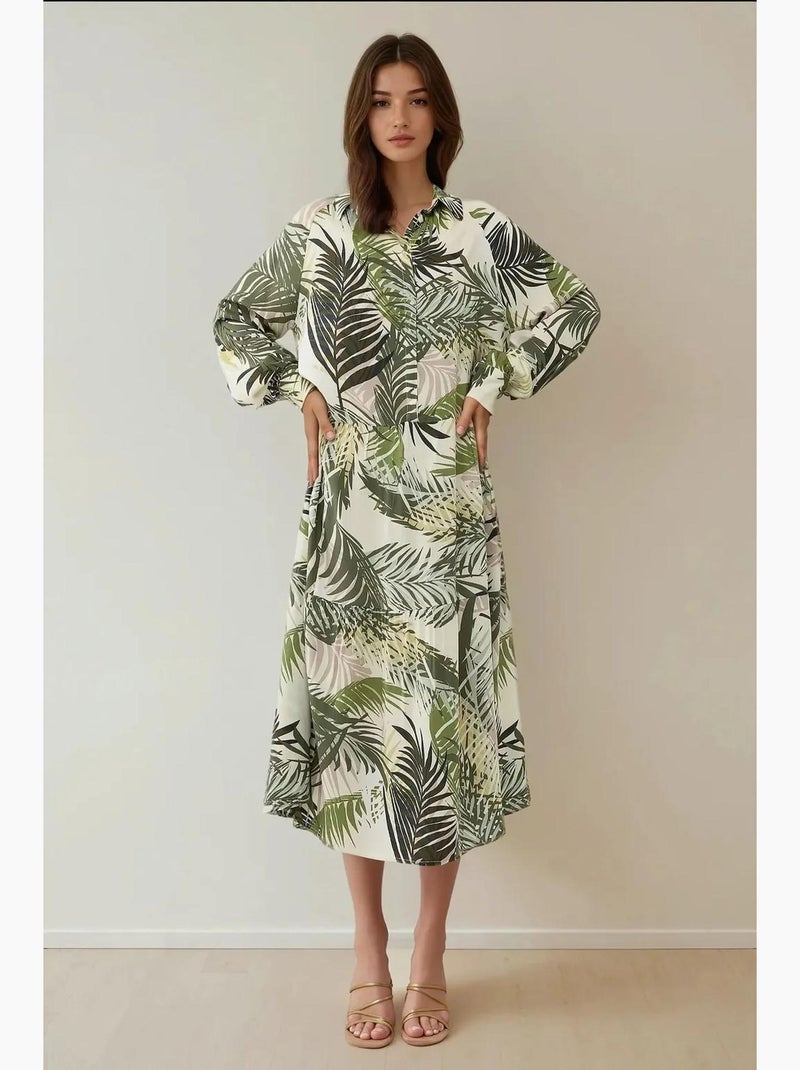 Robe longue à motif fleuri et col chemise hiccup Kaki - Kiabi