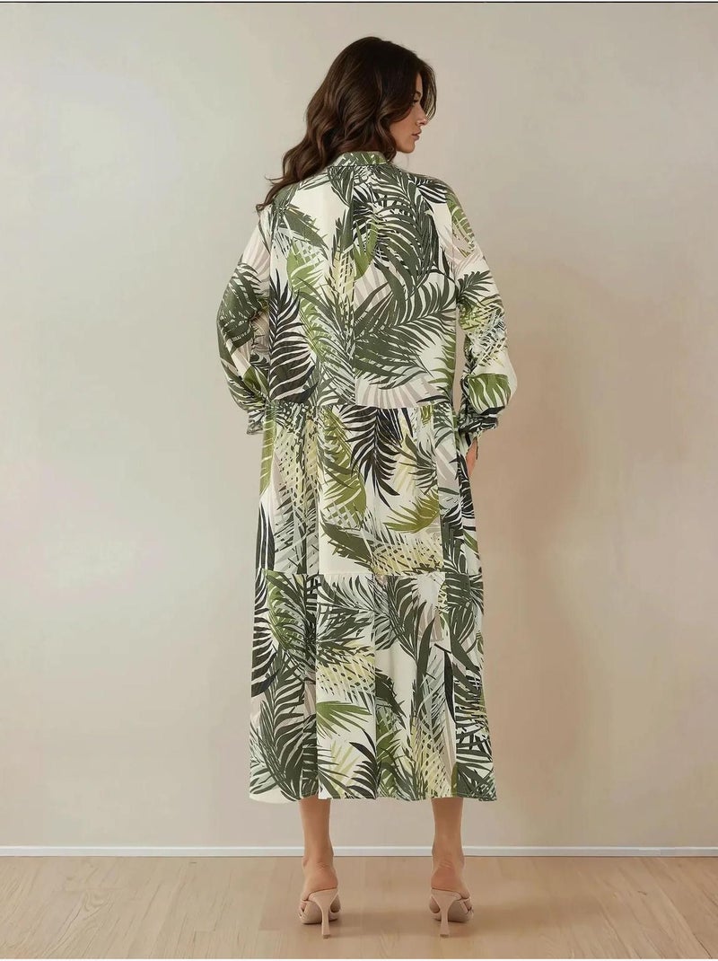 Robe longue à motif fleuri et col chemise hiccup Kaki - Kiabi