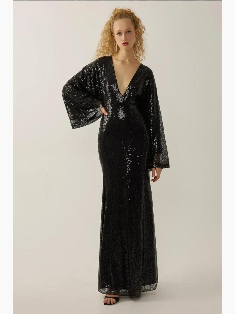 Robe longue à paillettes et col en v, manches ange hiccup Noir - Kiabi