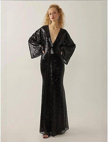Robe longue à paillettes et col en V, manches ange