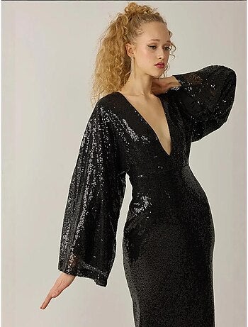 Robe longue à paillettes et col en V, manches ange