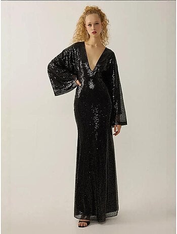 Robe longue à paillettes et col en V, manches ange