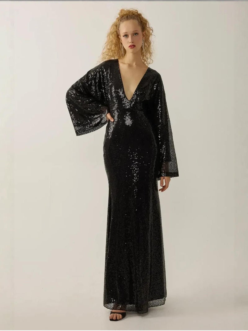 Robe longue à paillettes et col en V, manches ange Noir - Kiabi