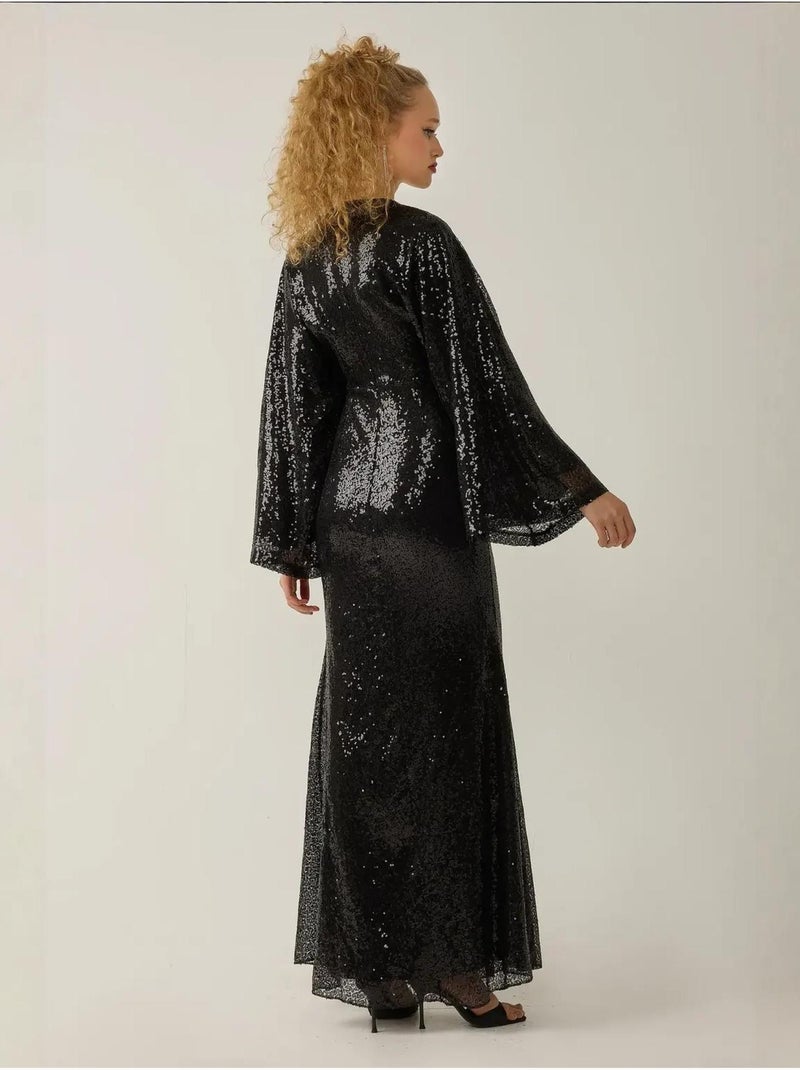 Robe longue à paillettes et col en V, manches ange Noir - Kiabi