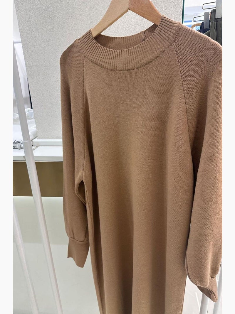 Robe longue ample en maille côtelée à col rond my fashion Camel - Kiabi