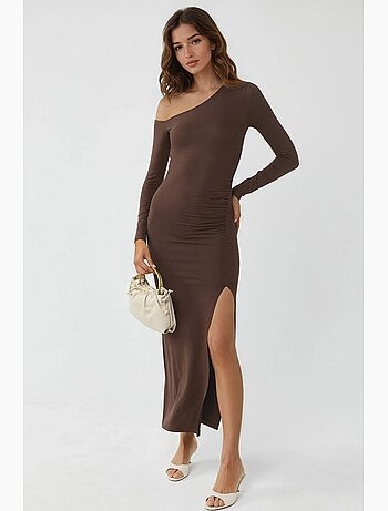 Robe longue asymétrique à col et volants busem