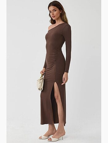 Robe longue asymétrique à col et volants busem