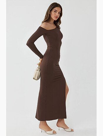 Robe longue asymétrique à col et volants busem