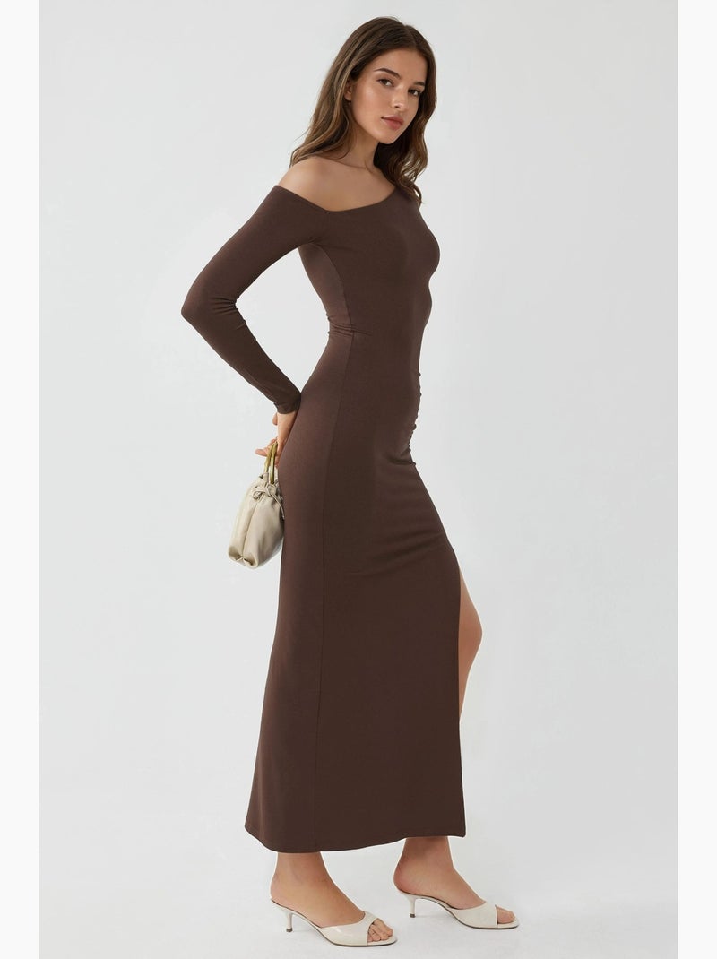Robe longue asymétrique à col et volants busem Marron clair - Kiabi