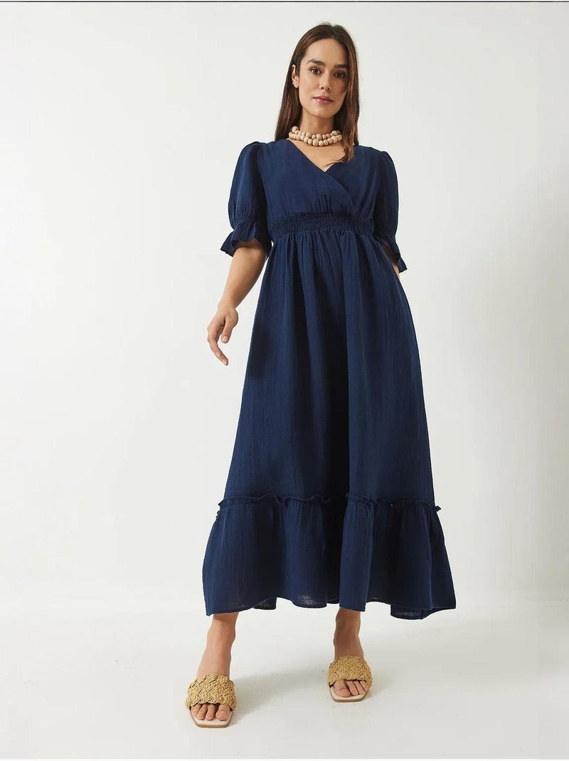 Robe longue avec col cache-cœur, taille et manches élastiques lucci Bleu marine - Kiabi