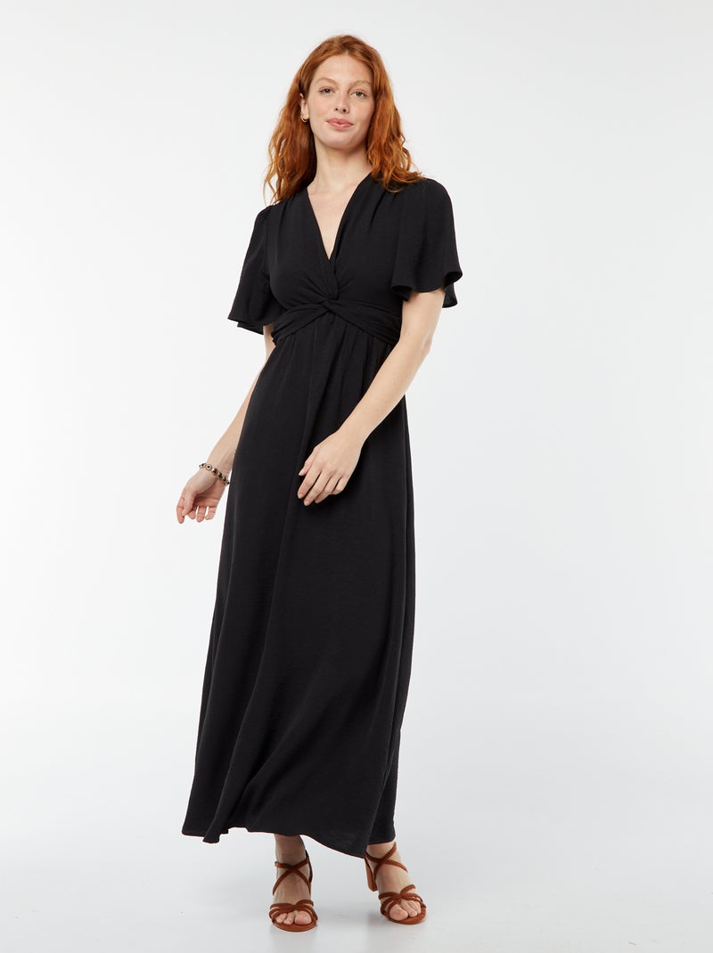 Robe longue avec col effet croisé et noué noir - Kiabi