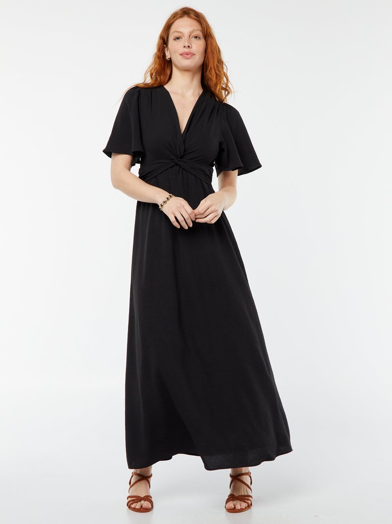 Robe longue avec col effet croisé et noué noir - Kiabi