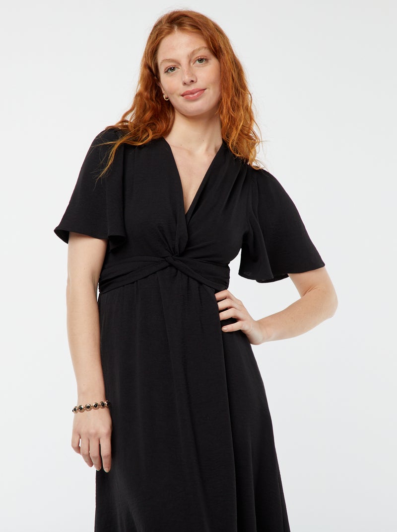 Robe longue avec col effet croisé et noué noir - Kiabi