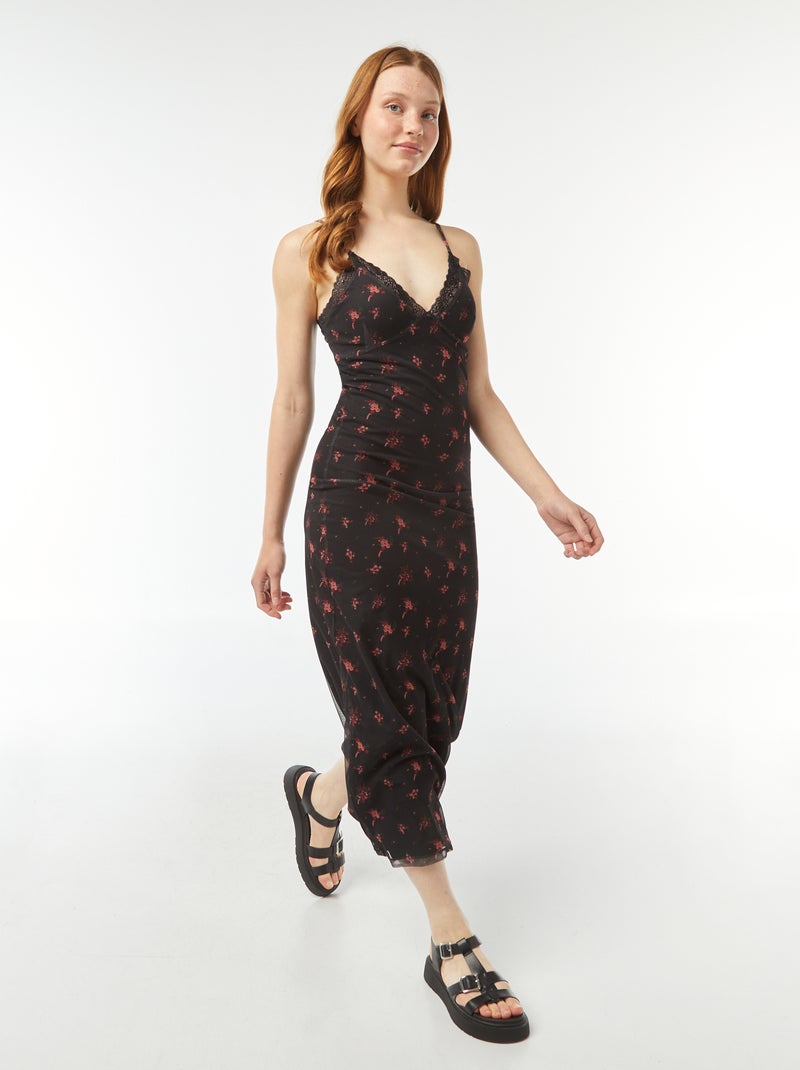 Robe longue avec détails en dentelles et motif Noir - Kiabi