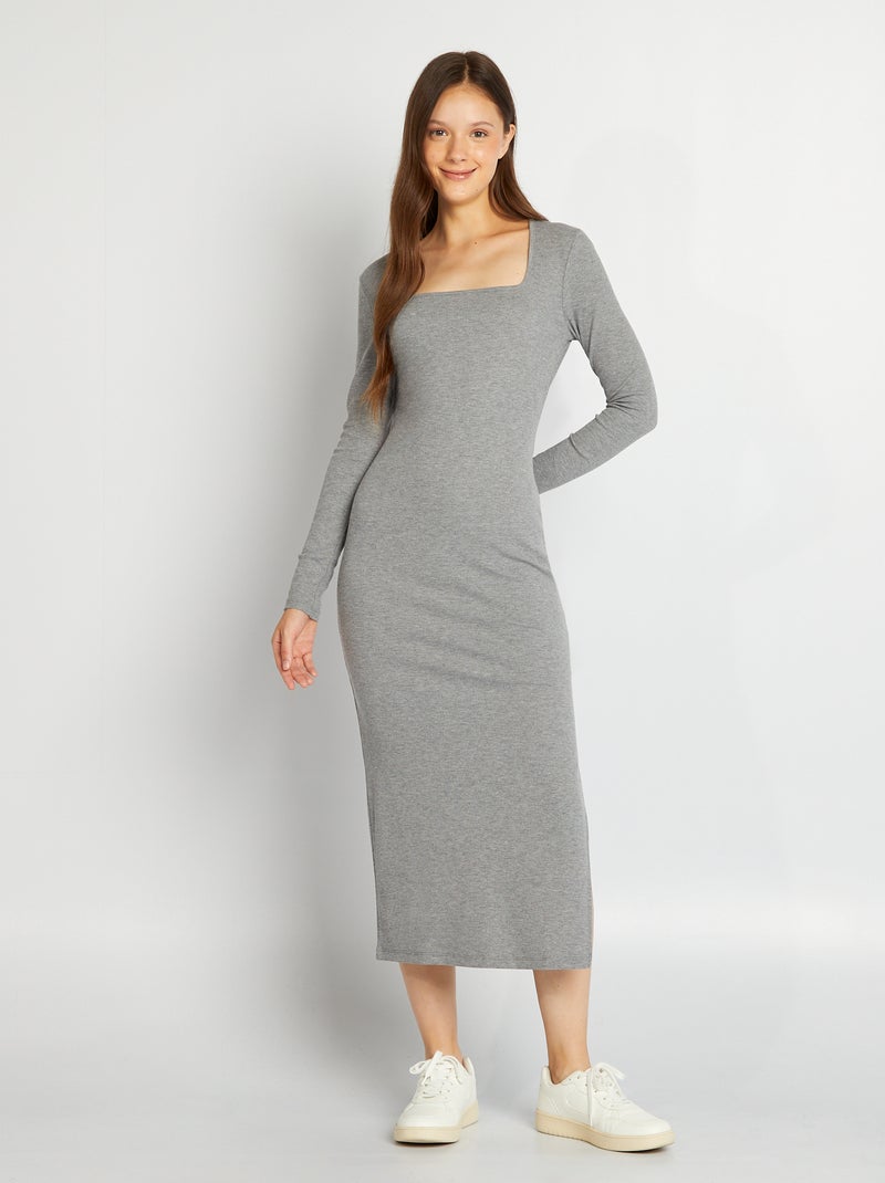 Robe longue côtelée à col carré Gris - Kiabi