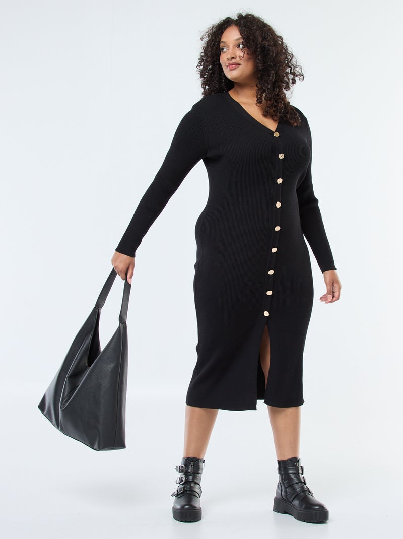 Robe longue côtelée avec boutonnage doré Noir - Kiabi