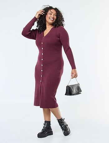 Robe longue côtelée avec boutonnage doré