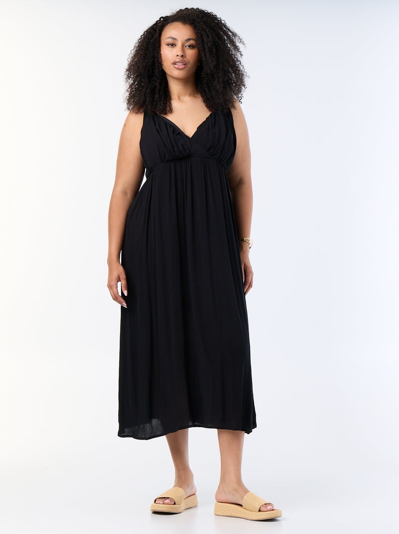 Robe longue en maille crêpée fines bretelles Noir - Kiabi