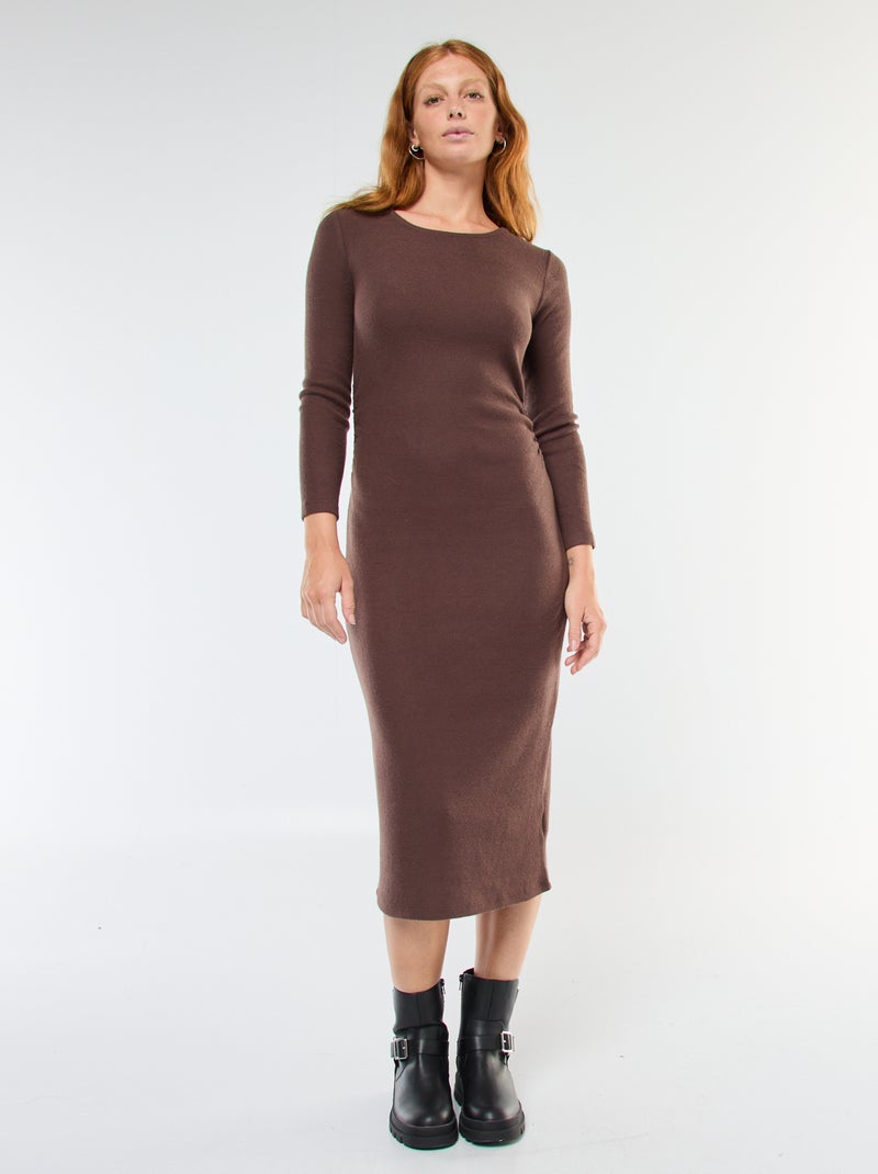 Robe longue en maille doudou à manches longues Marron - Kiabi