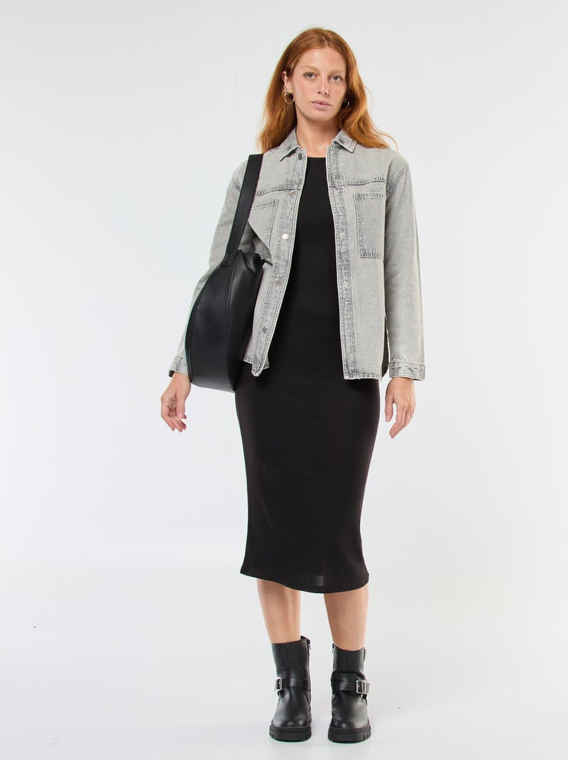 Robe longue en maille doudou à manches longues Noir - Kiabi