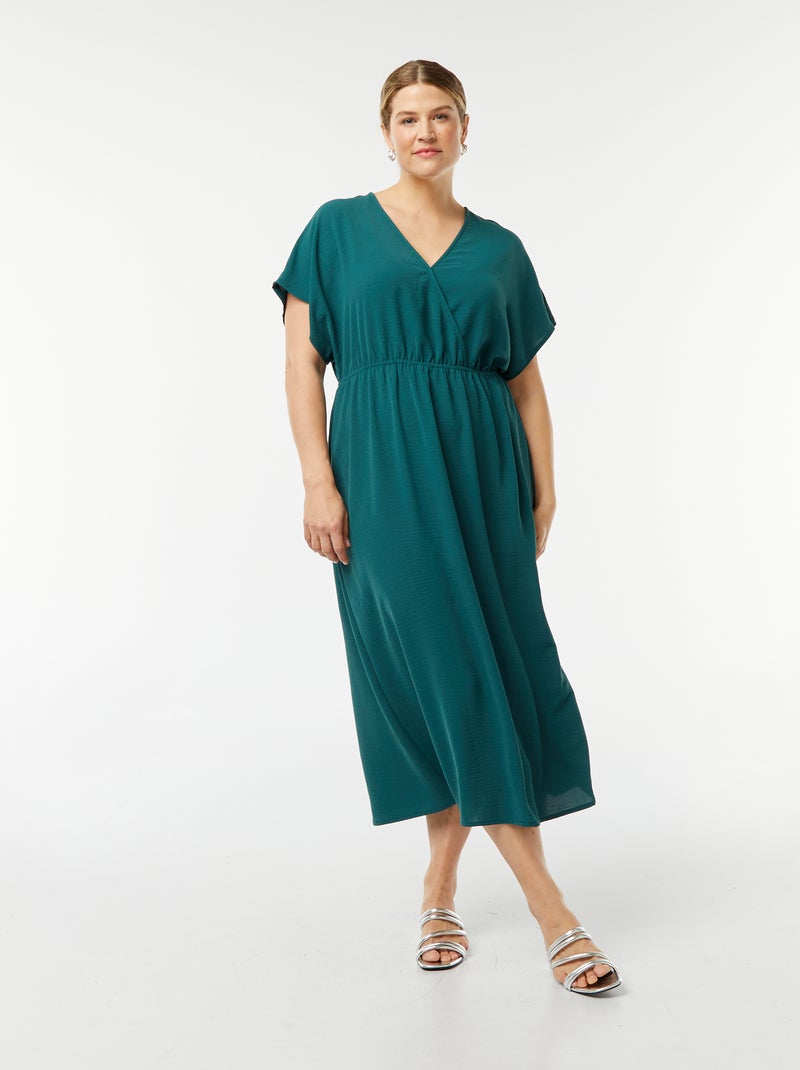 Robe longue en maille stretch et à manches courtes Bleu canard - Kiabi