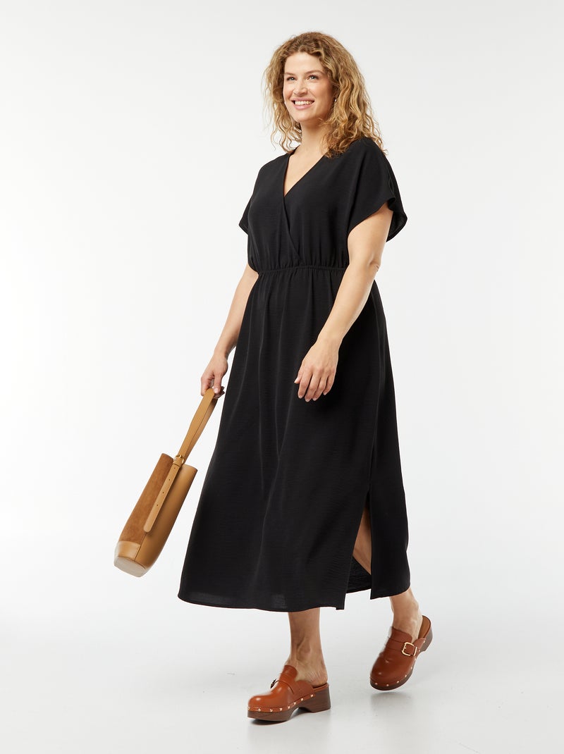 Robe longue en maille stretch et à manches courtes Noir - Kiabi