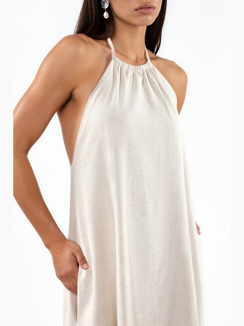 Robe longue en mélange de lin à col licou hiccup Beige naturel - Kiabi