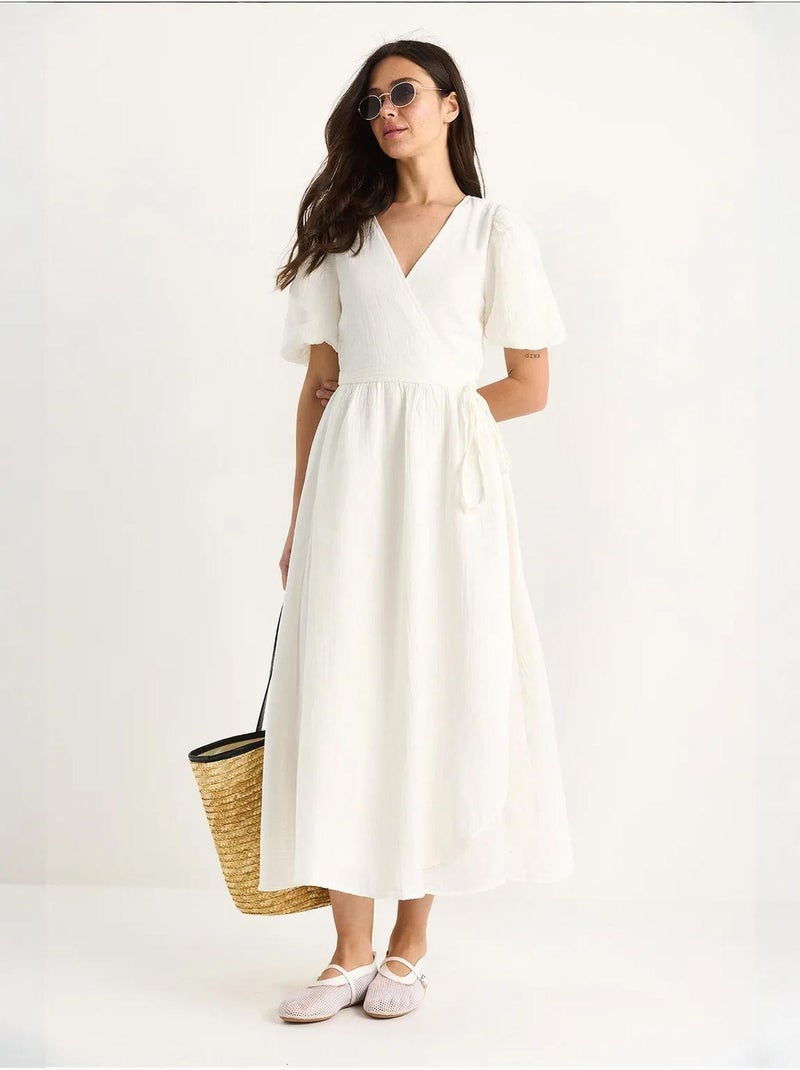 Robe longue en mousseline à fermeture portefeuille et manches ballon lucci Blanc - Kiabi
