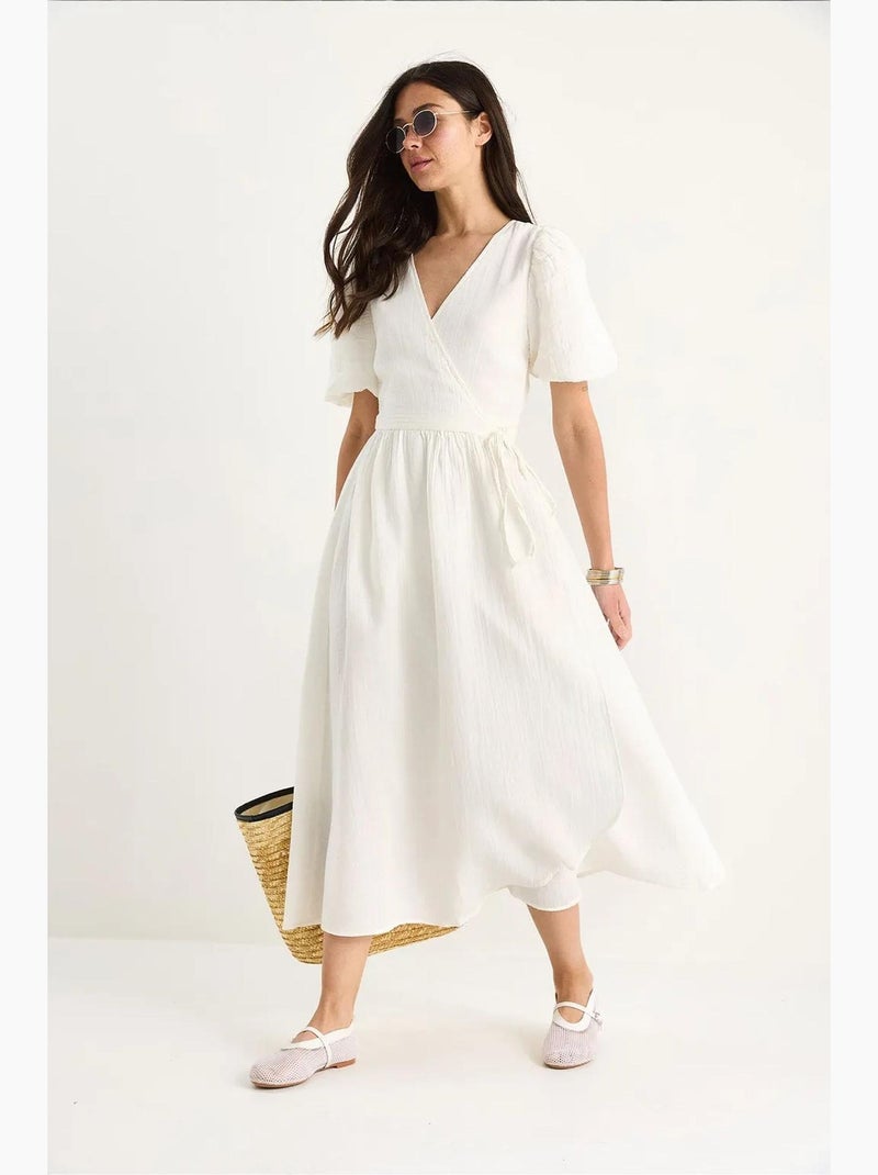 Robe longue en mousseline à fermeture portefeuille et manches ballon lucci Blanc - Kiabi