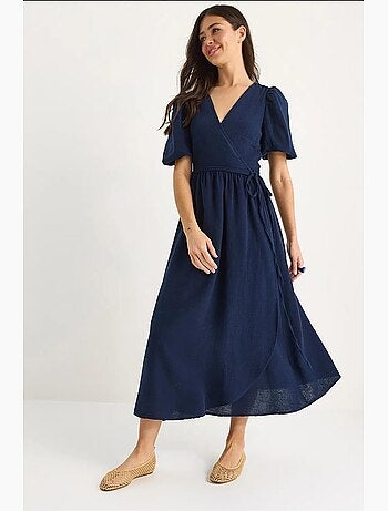 Robe longue en mousseline à fermeture portefeuille et manches ballon lucci