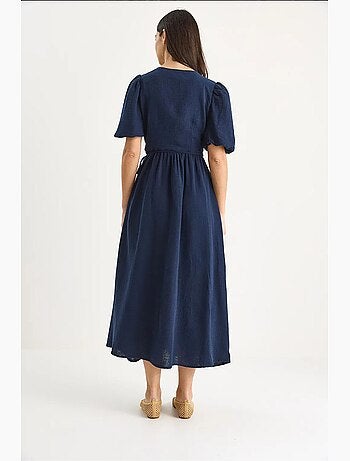 Robe longue en mousseline à fermeture portefeuille et manches ballon lucci