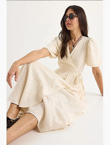 Robe longue en mousseline à fermeture portefeuille et manches ballon lucci