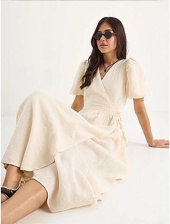 Robe longue en mousseline à fermeture portefeuille et manches ballon lucci