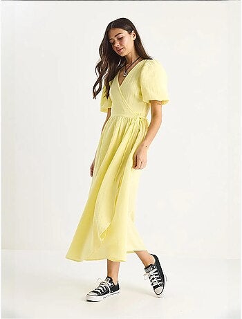 Robe longue en mousseline à fermeture portefeuille et manches ballon lucci