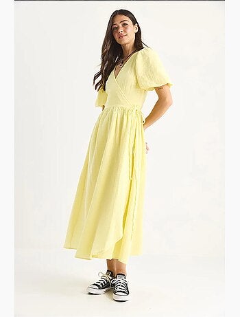 Robe longue en mousseline à fermeture portefeuille et manches ballon lucci