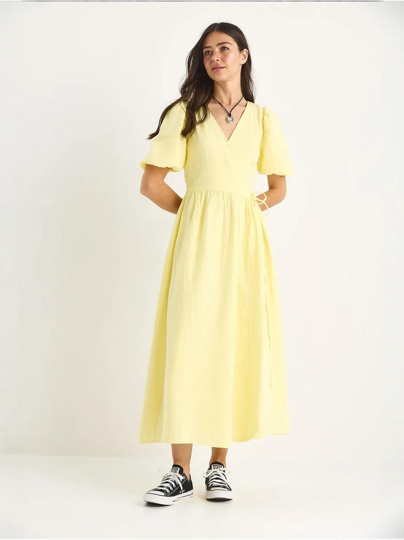 Robe longue en mousseline à fermeture portefeuille et manches ballon lucci Jaune citron - Kiabi