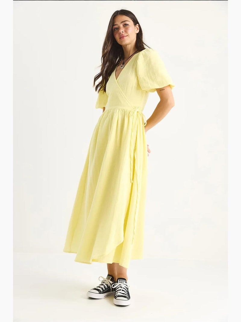 Robe longue en mousseline à fermeture portefeuille et manches ballon lucci Jaune citron - Kiabi