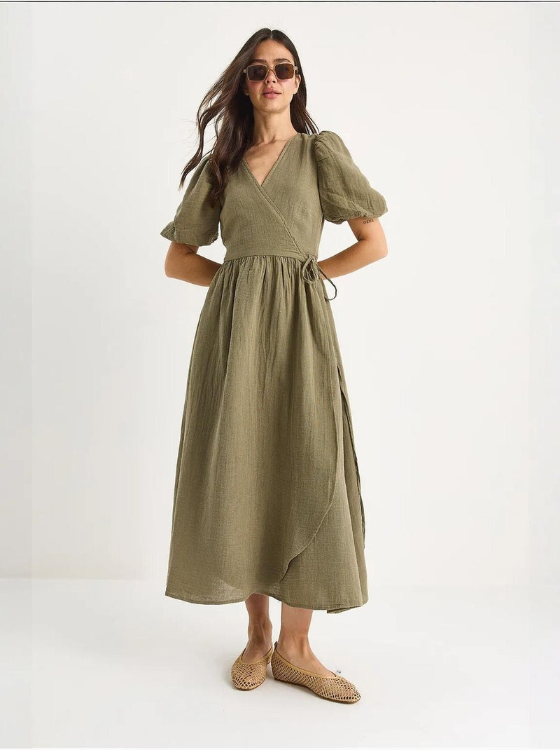 Robe longue en mousseline à fermeture portefeuille et manches ballon lucci Kaki - Kiabi