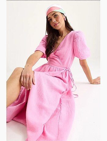 Robe longue en mousseline à fermeture portefeuille et manches ballon lucci