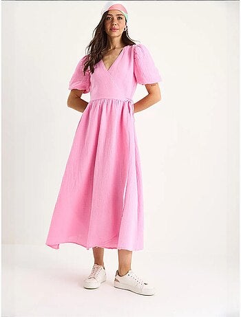 Robe longue en mousseline à fermeture portefeuille et manches ballon lucci