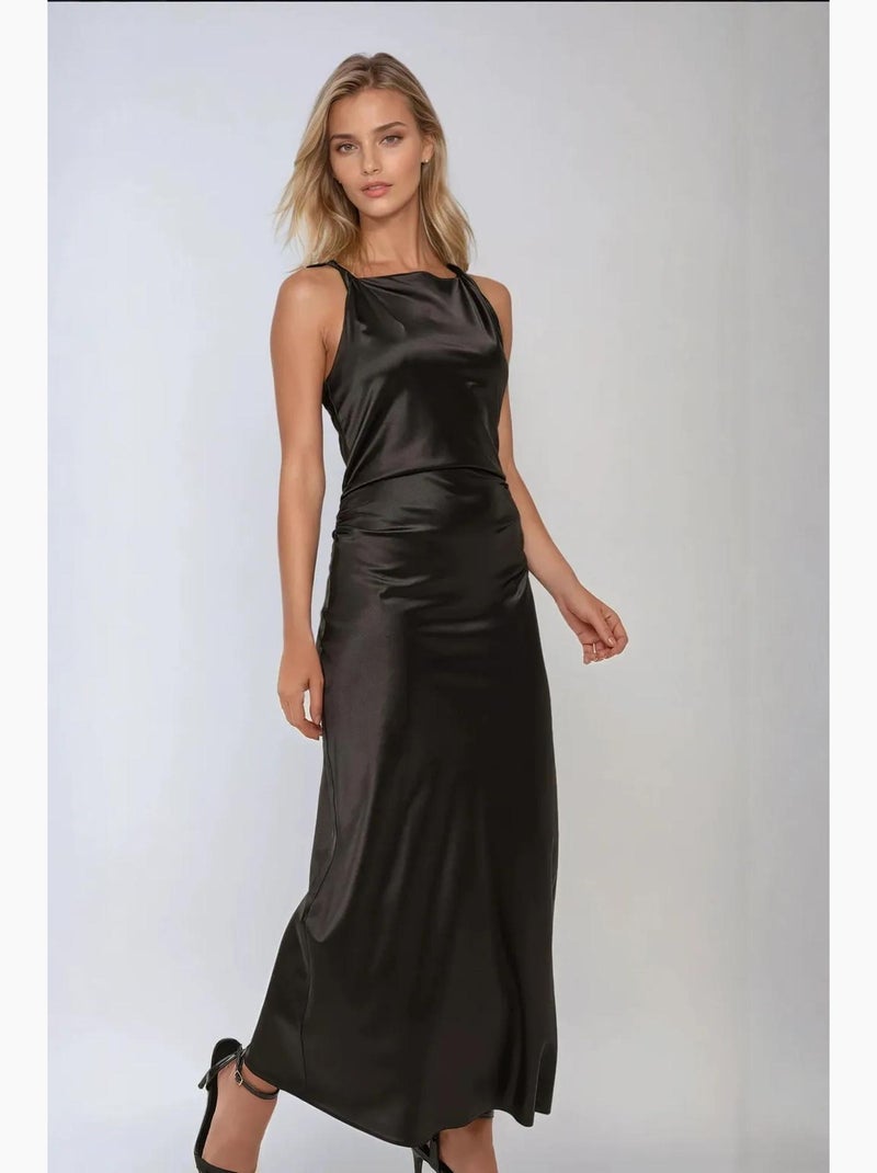 Robe longue en satin hiccup Noir - Kiabi