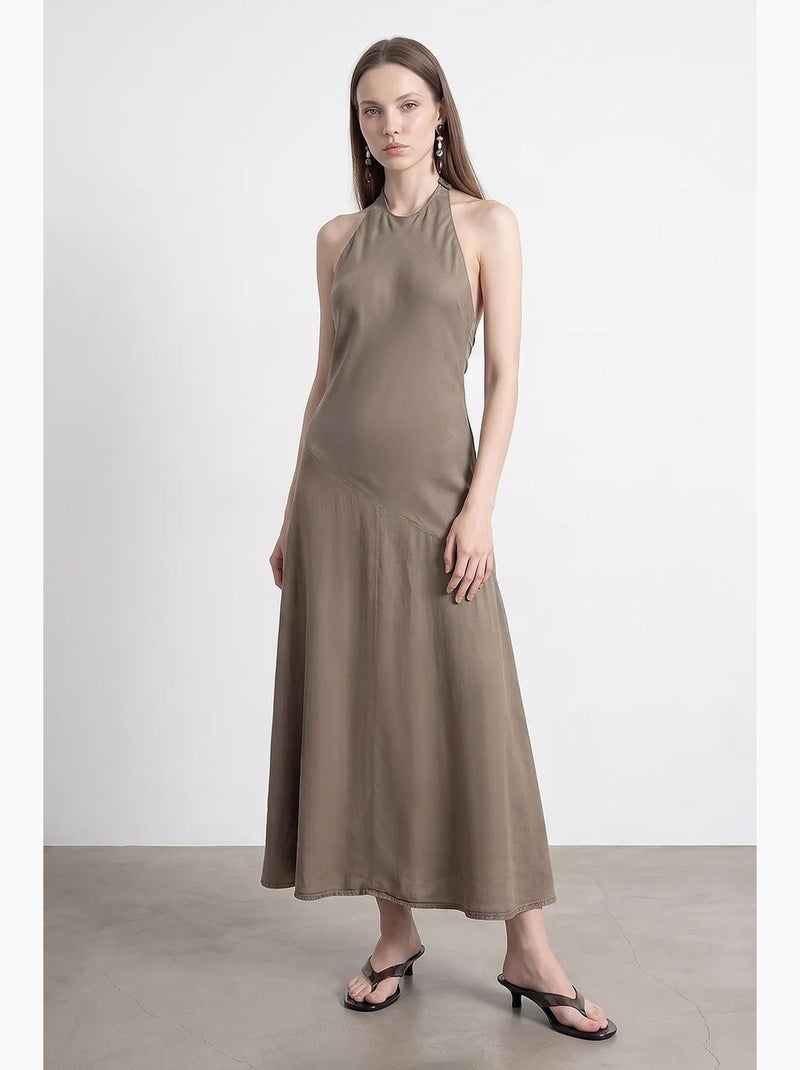 Robe longue en tencel à col halter dilvin Kaki - Kiabi