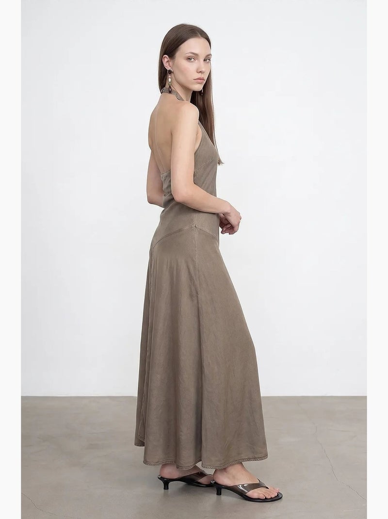 Robe longue en tencel à col halter dilvin Kaki - Kiabi