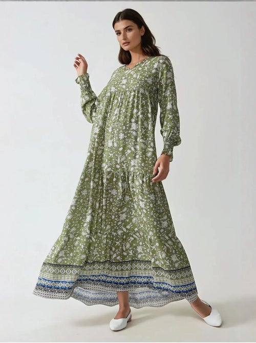 Robe longue en viscose imprimée à col ras du cou hiccup - Kiabi Robe longue en viscose imprimée à col ras du cou hiccup - Kiabi