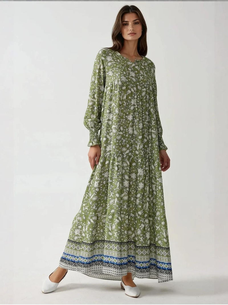Robe longue en viscose imprimée à col ras du cou hiccup Vert kaki - Kiabi